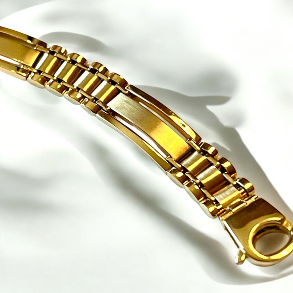 14k Polished and Satin 8.8mm Fancy Bar Link 8.5 inch Mens Bracelet - Picture 12 of 16